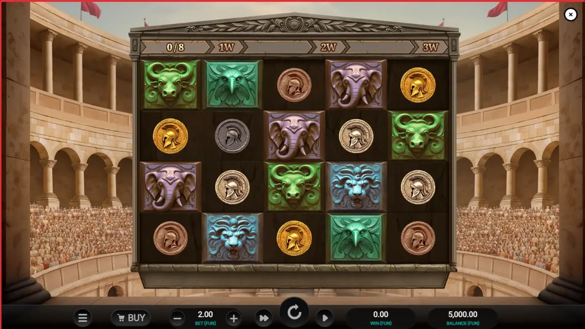 Arena of Fortune slot game interface featuring gladiator theme