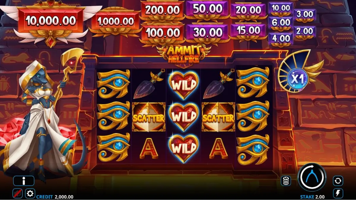 Tampilan visual slot Ammit Hellfire dengan tema dewi Mesir yang penuh warna