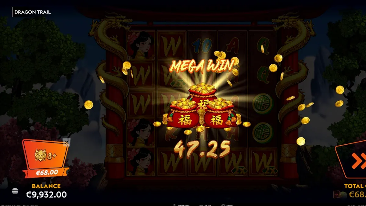 Pemandangan visual slot Dragon Trail dengan naga emas dan pagoda